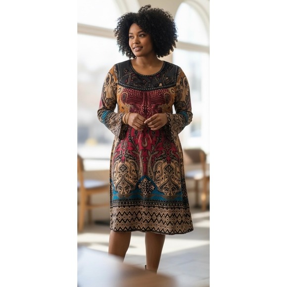 Calessa Tops - Calessa Womens Embellished Paisley Print Tunic Dress Long Sleeve Boho Rust Red L